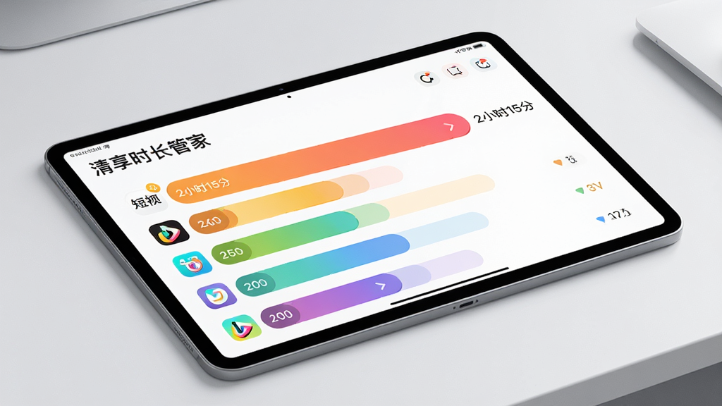 主体:一台平板电脑展示“清享时长管家”的应用统计页面,页面中各类APP图标对应着不同长度的彩色横向条形图。布局:平板电脑倾斜放置,屏幕朝向镜头,背景为干净的浅灰色桌面。排版:条形图从左至右依次排列,最长条对应“短视频”应用,旁边标注“2小时15分”。风格:扁平化设计,色彩鲜艳,科技感。细节:条形图带有圆角,数值标签清晰,平板边框纤薄。画质:4K高清,画面锐利,色彩明快,干净,无多余元素。