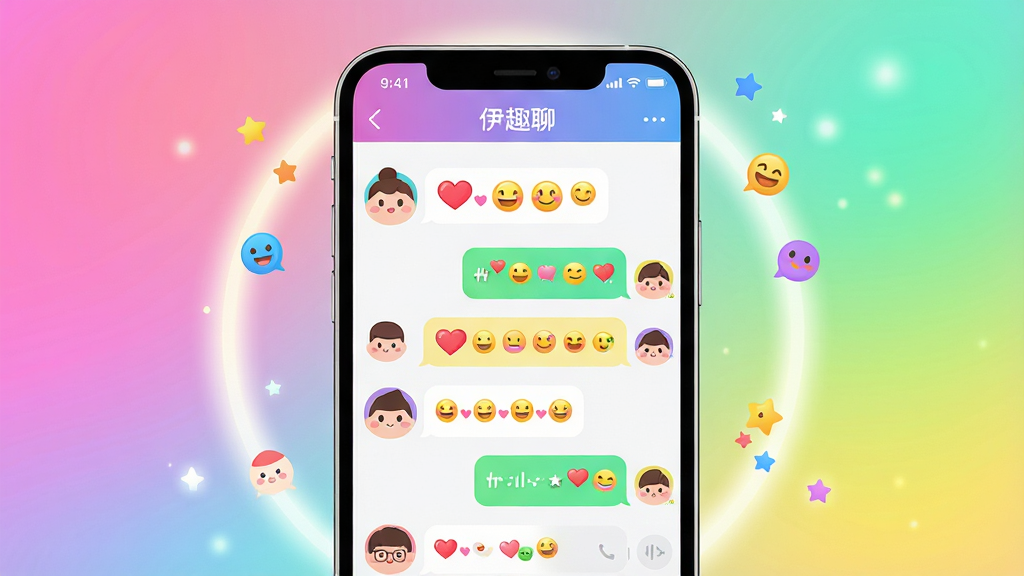 主体:智能手机屏幕展示伊趣聊聊天界面,界面中有卡通头像的对话气泡和彩色表情符号,背景为明亮的渐变色,主体突出。布局:手机居中,屏幕内容清晰可见,周围有柔和的光晕和漂浮的小星星。排版:手机屏幕内的聊天列表和对话窗口错落有致,整体画面平衡。风格:现代扁平化插画风,色彩明快,细节丰富。细节:屏幕上有“伊趣聊”字样,对话气泡中带有爱心和笑脸,人物头像圆润可爱。画质:高清,干净,无多余元素。