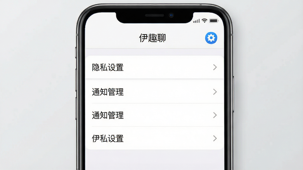 主体:手机屏幕显示伊趣聊的设置页面,背景为浅灰色,页面中有“隐私设置”、“通知管理”等选项。布局:手机居中,屏幕内容清晰,右侧有齿轮图标。排版:设置列表整齐排列,字体清晰。风格:简洁商务风,色彩素雅。细节:屏幕顶部有“伊趣聊”字样,按钮为蓝色。画质:高清,干净,无多余元素。