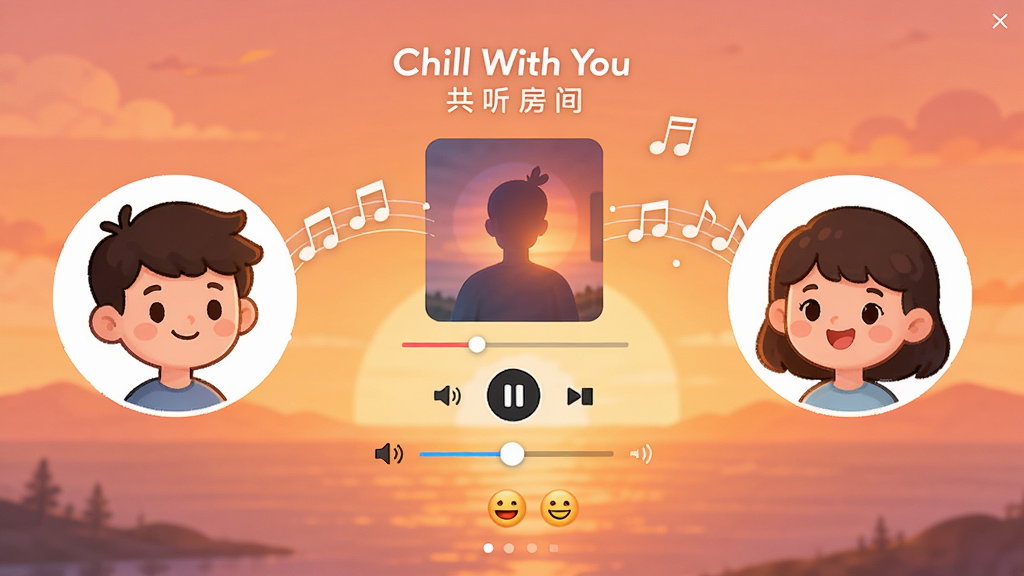 Chill With You 共听房间界面,两个卡通头像在屏幕两侧,中间是共享的音乐播放器,背景是温暖的日落色,音符连接两个头像,界面简洁,布局均衡,风格清新,细节包括音量滑杆和表情按钮,画质干净,无多余元素