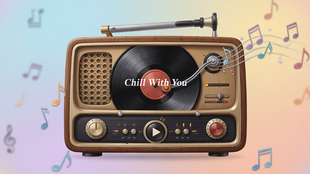 Chill With You 音乐播放界面,复古收音机造型,唱片旋转,音符飘动,背景是柔和的渐变色,界面中央显示歌曲名“Chill With You”,整体风格复古又现代,布局对称,排版清晰,细节包括唱针和旋钮,画质干净,无多余元素