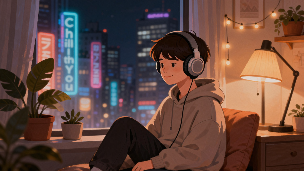 Chill With You 应用主界面,暖色调Lo-Fi风格,一位年轻人戴着耳机坐在窗边,窗外是夜晚的城市霓虹,室内有绿植和暖光台灯,画面温馨宁静,主体人物居中,布局简洁,排版留白舒适,插画风格,细节丰富,画质干净,无多余元素