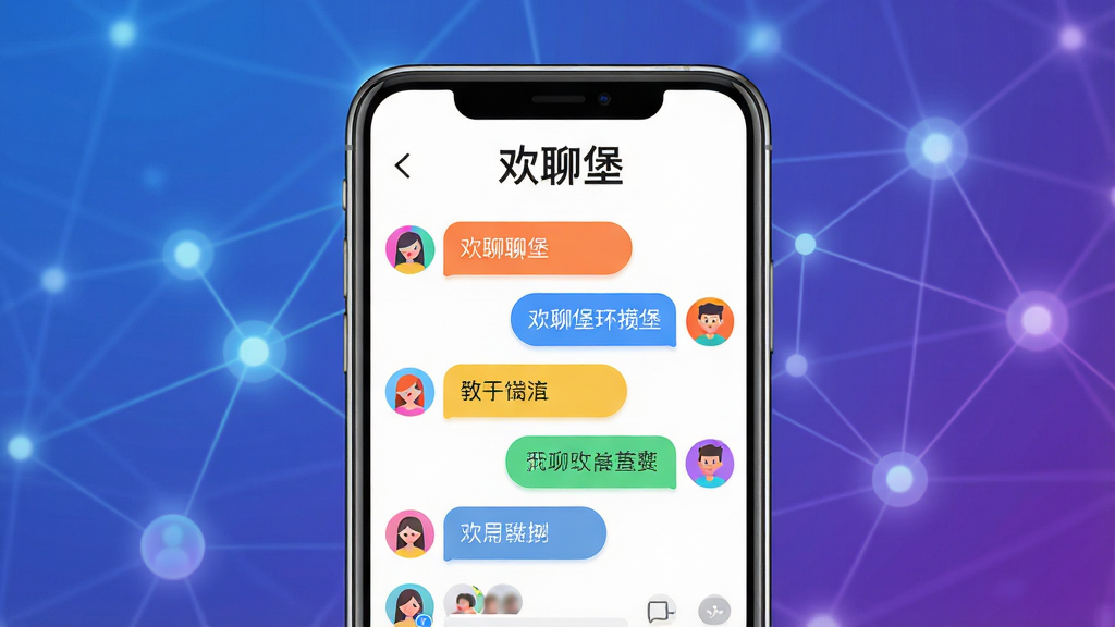 主体:一部亮着屏幕的智能手机,屏幕中显示“欢聊堡”聊天界面,有彩色气泡对话和好友头像列表。布局:手机居中,背景为渐变的蓝紫色社交网络节点光效。排版:界面元素清晰,顶部显示“欢聊堡”三个字,下方多个对话气泡。风格:现代扁平化结合微拟物,色彩明亮活泼。细节:气泡内有简短中文对话,头像为多彩圆形。画质:高清渲染,干净,无多余元素。