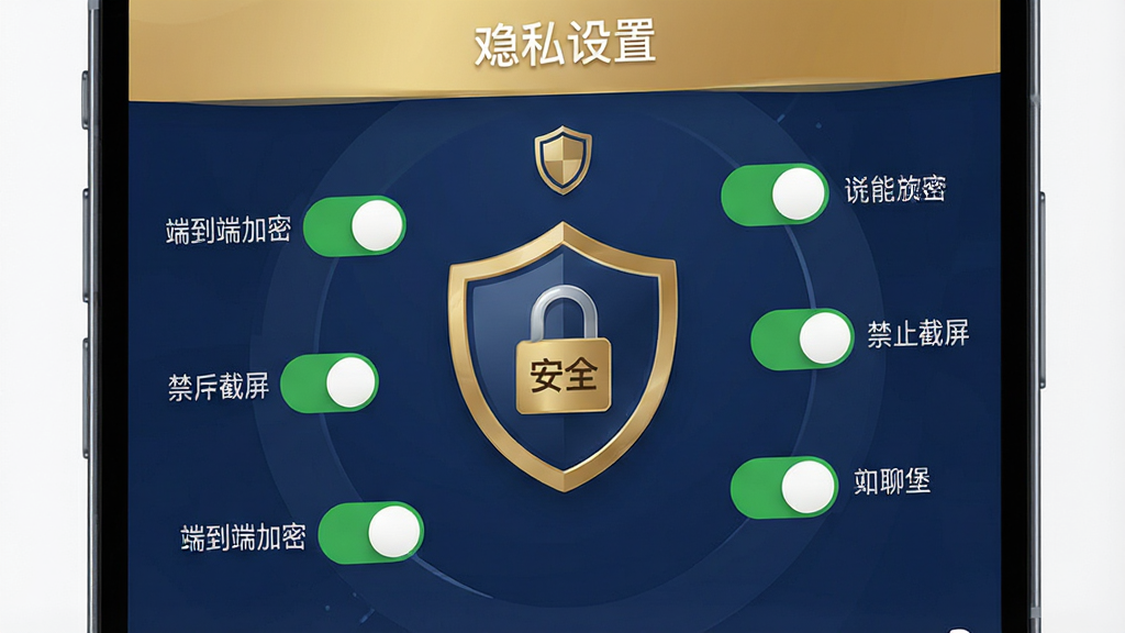 主体:手机界面显示“欢聊堡”的隐私设置页面,有加密锁图标和盾牌标志。布局:画面中央为盾牌,周围环绕多个功能开关。排版:每个开关旁有文字说明,如“端到端加密”“禁止截屏”。风格:简洁商务风,主色调为深蓝与金色。细节:锁头上有“安全”字样,开关为绿色。画质:高精度,干净,无多余元素。