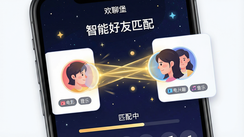 主体:手机屏幕展示“欢聊堡”的智能匹配界面,两个用户头像彼此靠近并发出连接光线。布局:左右各一个用户头像卡片,中间有动态匹配动画。排版:上方标题“智能好友匹配”,下方有“匹配中”进度条。风格:科技感插画风,背景为星空。细节:头像下有共同兴趣标签如“电影”“音乐”,匹配光线为金色。画质:细腻,干净,无多余元素。