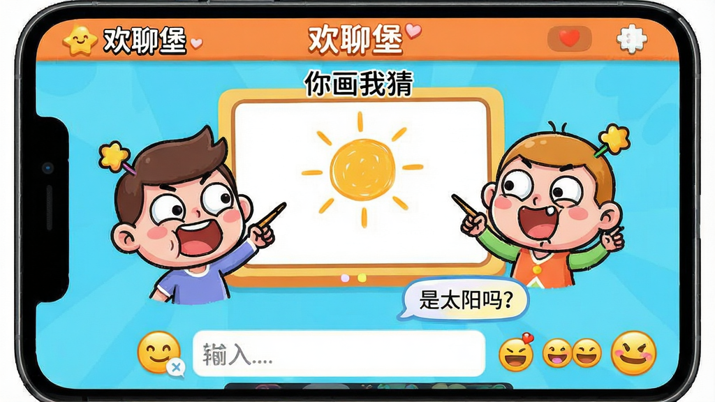 主体:手机屏幕展示“欢聊堡”的互动游戏界面,两个卡通角色正在玩“你画我猜”。布局:上方为画板,下方为聊天输入框和表情栏。排版:画板上有简笔画的太阳,聊天框中有“是太阳吗?”气泡。风格:活泼卡通风格,色彩鲜艳。细节:两个角色分别代表用户,表情夸张有趣。画质:清晰,干净,无多余元素。