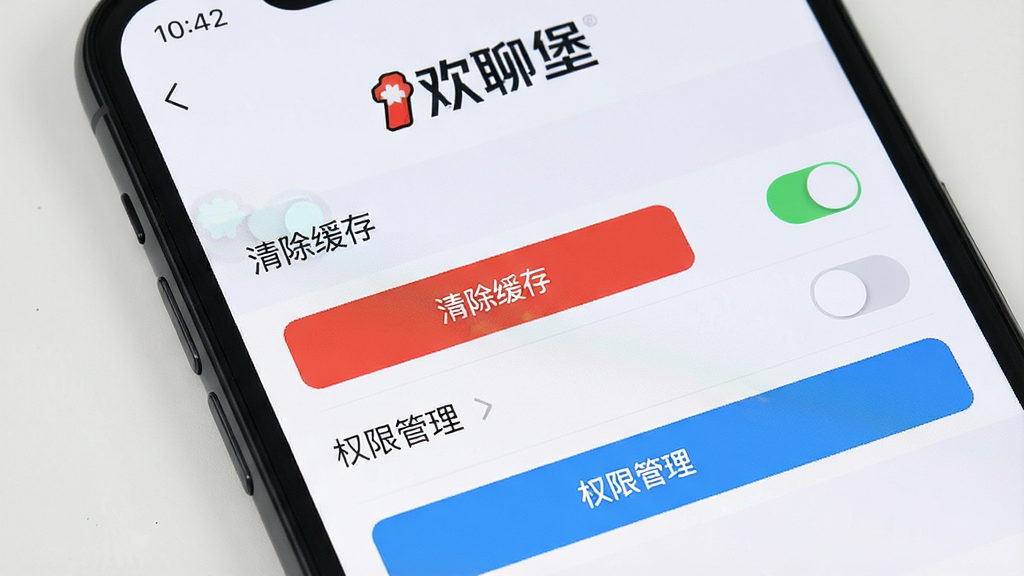 主体:手机屏幕显示“欢聊堡”的设置页面,有“清除缓存”和“权限管理”选项。布局:画面简洁,设置项列表清晰。排版:顶部有“欢聊堡”标志,下方为各类设置项开关。风格:系统设置风格,浅色背景。细节:缓存清理按钮为红色,权限管理为蓝色。画质:高清,干净,无多余元素。