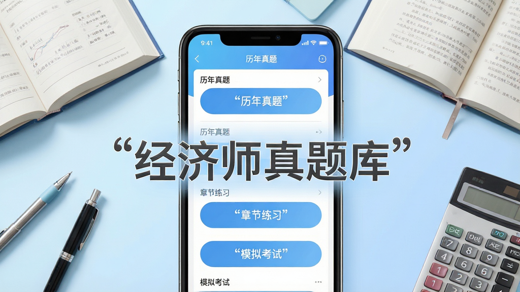 主体:经济师真题库App界面,展示手机屏幕上的题库列表与做题界面,屏幕中央显示“经济师真题库”字样,背景为淡蓝色渐变。布局:手机居中,屏幕内容清晰可辨,周围有书本、笔、计算器等学习元素环绕。排版:现代简洁,App界面以列表形式呈现章节、真题、模拟卷。风格:科技感与学习氛围融合,明亮清晰。细节:屏幕中显示“历年真题”“章节练习”“模拟考试”等按钮,文字加引号。画质:4K高清,干净,无多余元素。