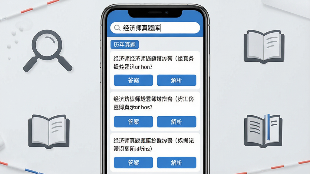 主体:手机屏幕展示经济师真题库的真题列表,每道题下方有“答案”“解析”按钮,顶部搜索栏输入“经济师真题库”。布局:屏幕占据画面中央,左右两侧有放大镜、书本等图标装饰。排版:列表式布局,清晰对齐,字体大小适中。风格:简洁商务风,背景浅灰色。细节:屏幕上方显示“历年真题”标签,题目文字清晰可见,按钮为蓝色。画质:高清,干净,无多余元素。
