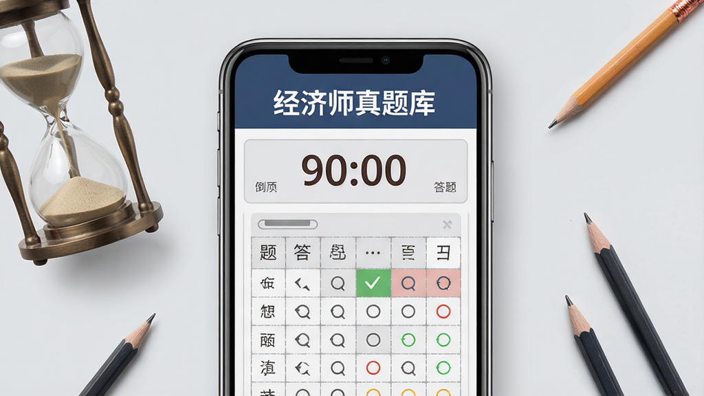 主体:经济师真题库模拟考试界面,手机屏幕显示考试倒计时、答题卡、题目区域,顶部有“经济师真题库”字样。布局:屏幕居中,周围有沙漏、铅笔等元素。排版:模拟真实考试界面,答题卡为网格状。风格:严肃专业,背景浅灰。细节:倒计时显示“90:00”,答题卡中有已答和未答标记。画质:高清,干净,无多余元素。