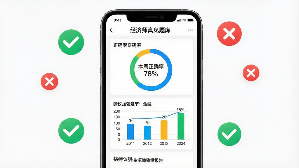 主体:手机屏幕显示经济师真题库的学习报告页面,包含正确率圆形图、柱状图与建议提示。布局:屏幕居中,周围有绿色对勾与红色叉号图标。排版:数据图表清晰,配色明亮。风格:现代简洁,背景白色。细节:图中显示“本周正确率78%”“建议加强章节:金融”等文字。画质:高清,干净,无多余元素。