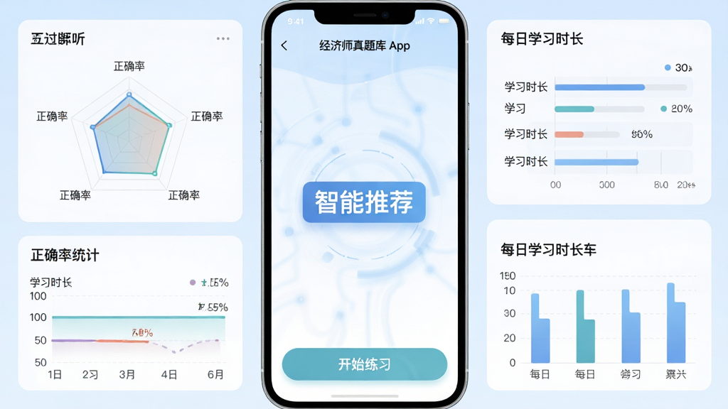 主体:经济师真题库App的智能分析页面,展示雷达图、正确率统计、每日学习时长柱状图,中央显示“智能推荐”标签。布局:图表分布在屏幕各处,数据可视化。排版:数据图表清晰,配色柔和。风格:现代科技感,背景淡蓝。细节:图表中显示“正确率”“学习时长”等文字,屏幕底部有“开始练习”按钮。画质:高清,干净,无多余元素。