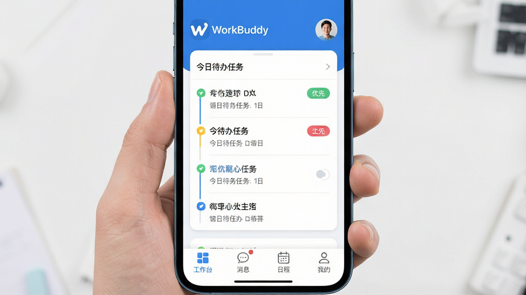 一张展示WorkBuddy应用主界面的高清截图,界面布局清晰,顶部显示“WorkBuddy”品牌Logo和用户头像,中间是今日待办任务列表,包含不同颜色的优先级标签,底部是导航栏,有“工作台”、“消息”、“日程”、“我的”四个选项,整体风格简洁现代,采用蓝白配色,图标圆润,背景干净,画质清晰,无多余元素
