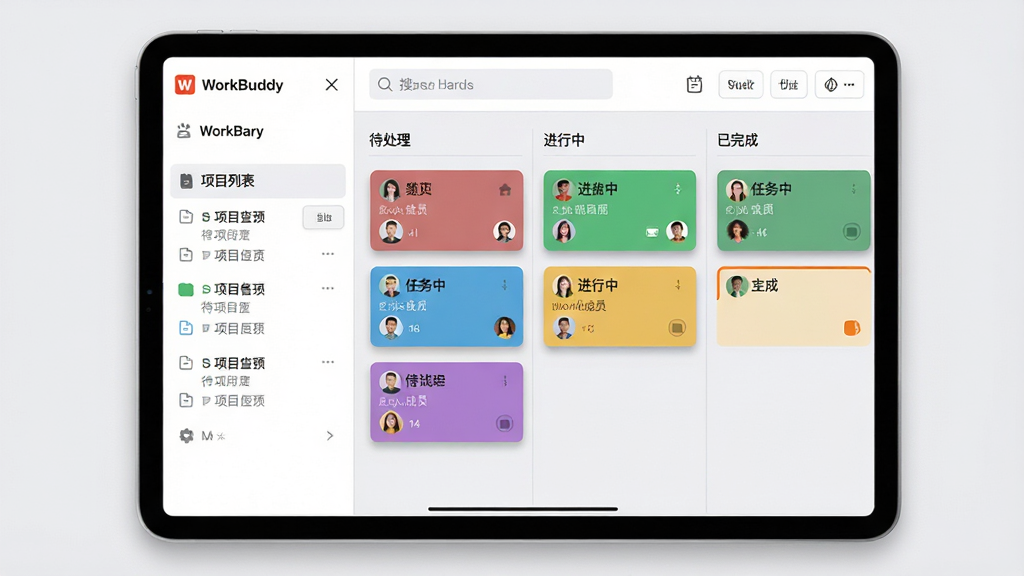 展示WorkBuddy团队协作空间的界面,画面中是一个平板电脑横屏显示的界面,左侧是项目列表,右侧是任务看板,看板上分列“待处理”、“进行中”、“已完成”三列,每列有不同颜色的任务卡片,卡片上显示任务名称和成员头像,顶部有搜索框和筛选按钮,整体配色清爽,浅灰色背景,卡片有阴影效果,画质细腻,布局合理,无多余元素