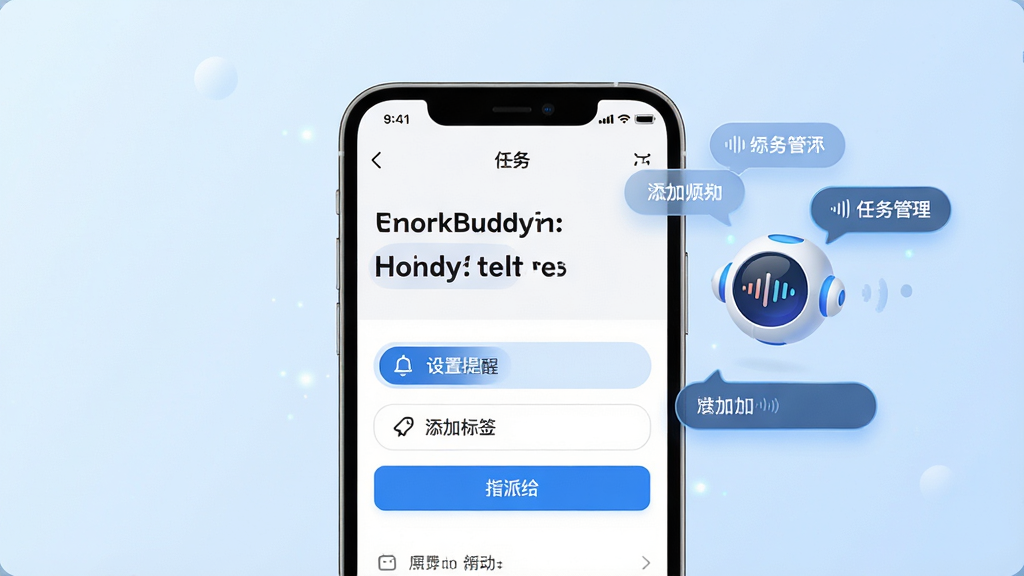 展示WorkBuddy智能任务管理功能的界面预览图,画面中央是一个手机屏幕,屏幕上显示一个待办任务详情页,任务标题突出显示,下方有“设置提醒”、“添加标签”、“指派给”等按钮,界面右侧有一个虚拟的AI助手图标,正在分析语音输入,周围有浮动的文字气泡,背景为淡蓝色渐变,整体风格科技感十足,画面干净,画质高清,无多余元素
