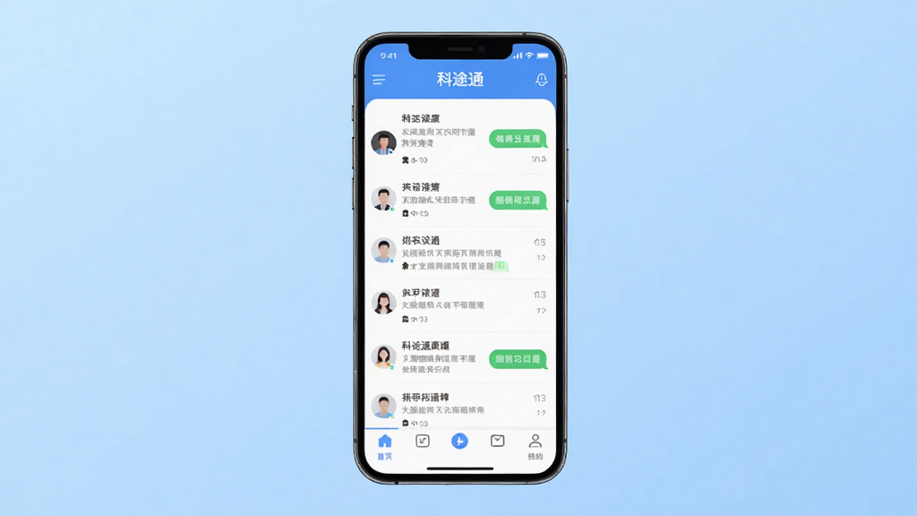 科途通APP主界面预览图,展示简洁的聊天列表与底部导航栏,背景为淡蓝色渐变,手机居中构图,界面元素清晰,现代扁平化风格,细节丰富,画质干净,无多余元素