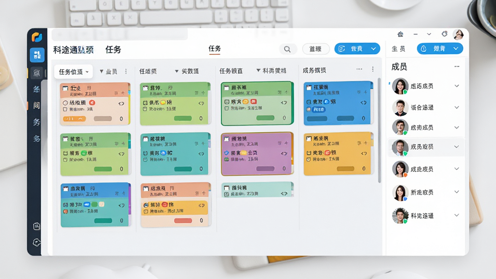 科途通团队协作界面截图,展示任务看板与成员头像列表,色彩明快,界面布局清晰,任务卡片排列有序,背景为浅灰色工作台,风格清爽,细节丰富,画质干净,无多余元素