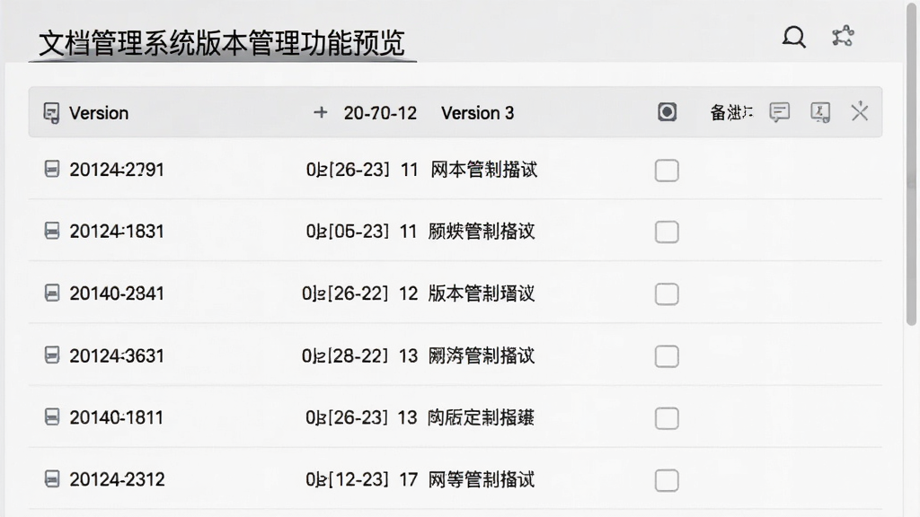 文档管理系统版本管理功能预览图,主体为版本列表界面,显示多个版本记录及时间,布局为列表形式,排版清晰,简洁商务风格,细节有版本号与备注,画质高清,干净无多余元素