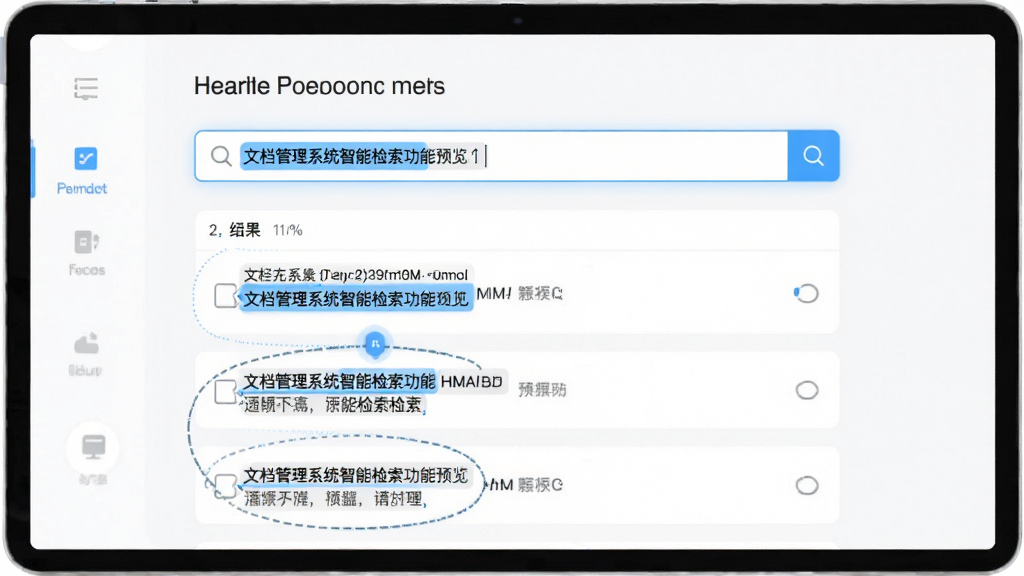 文档管理系统智能检索功能预览图,主体为搜索框输入关键词后显示结果列表,布局居中,排版整齐,界面明亮,现代简约风格,细节高亮匹配关键词,画质清晰,干净无多余元素