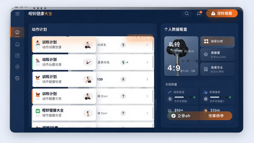哑铃健康大全软件主界面展示,包含训练计划列表、动作分类导航、个人数据看板,整体布局简洁现代,以深蓝色为主色调,搭配橙色高亮按钮,界面干净清爽,画质高清,无多余元素