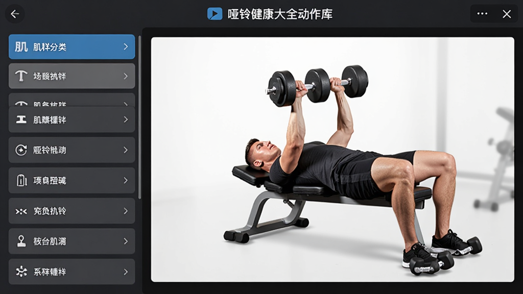 哑铃健康大全动作库界面截图,左侧为肌群分类列表,右侧展示哑铃卧推动作视频预览,视频画面清晰,动作示范标准,界面风格专业且干净,无多余文字干扰