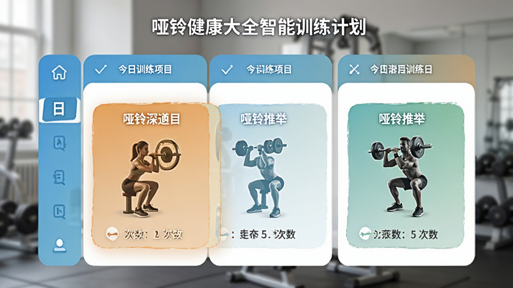 哑铃健康大全智能训练计划页面,显示一周训练日程表,今日训练项目为哑铃深蹲、哑铃推举,每个项目标注组数和次数,界面采用卡片式设计,色彩清新,信息直观,画质高清