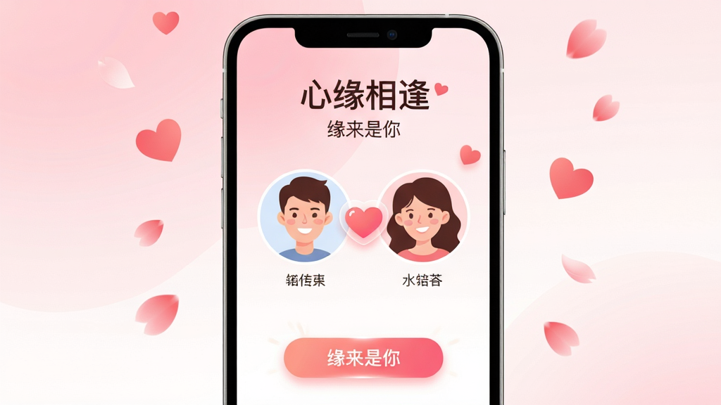 主体:手机屏幕展示“心缘相逢”APP界面,界面中有男女用户头像和匹配成功的爱心图案,背景是柔和的粉色与白色渐变。布局:手机居中,屏幕内信息清晰可见,周围有飘落的爱心和花瓣装饰。排版:画面简洁,突出APP名称与“缘来是你”标语。风格:清新浪漫,现代扁平化插画风。细节:男女头像笑容自然,匹配按钮发光,整体色调温暖。画质:高清,干净,无多余元素。