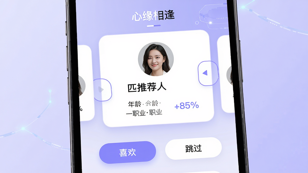 主体:手机界面展示“心缘相逢”的匹配推荐页面,上方显示推荐人卡片,下方有“喜欢”和“跳过”按钮。布局:卡片式设计,左右滑动操作,背景为淡紫色渐变。排版:信息层级分明,姓名、年龄、职业一目了然。风格:现代简洁,带有科技感。细节:推荐人头像清晰,匹配度百分比显示,按钮圆润。画质:高清,干净,无多余元素。