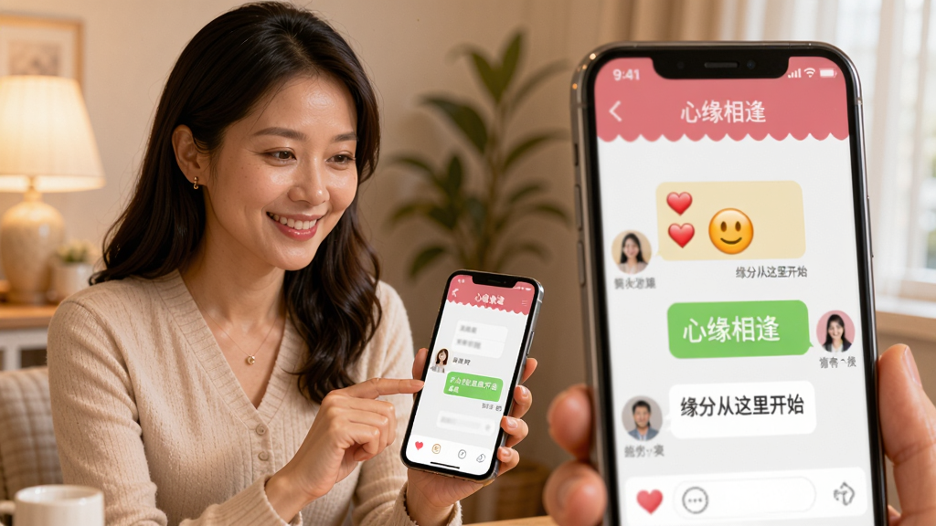主体:一位专业红娘正在通过手机与用户沟通,屏幕上显示“心缘相逢”的聊天界面。布局:红娘位于画面左侧,右侧手机屏幕放大展示聊天内容。排版:场景温馨,突出服务感。风格:写实摄影风格,柔和光线。细节:红娘面带微笑,手机界面有爱心表情和文字“缘分从这里开始”。画质:高清,干净,无多余元素。