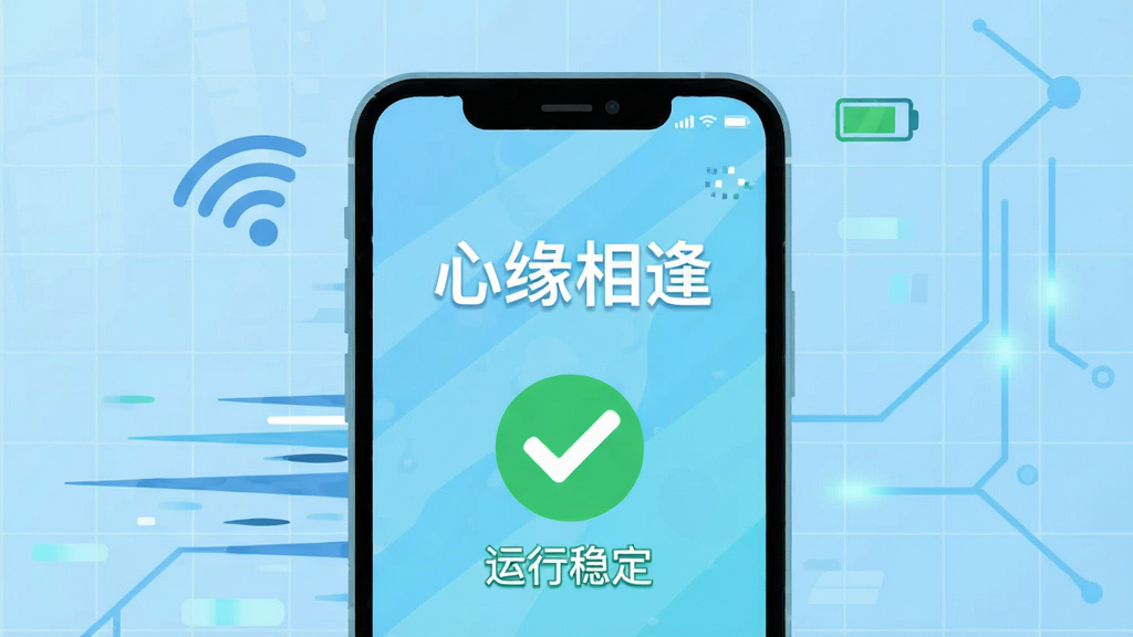 主体:一部手机显示“心缘相逢”应用运行流畅的画面,周围有Wi-Fi和电量图标。布局:手机居中,背景为浅蓝色科技感网格。排版:简洁明了,突出“流畅运行”字样。风格:扁平化插画,色彩明快。细节:手机屏幕有“运行稳定”的绿色对勾,背景有速度线条。画质:高清,干净,无多余元素。