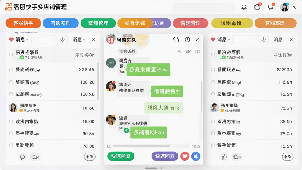 客服快手多店铺管理界面,展示多个店铺标签页并排显示,每个标签页有不同颜色标识,消息列表清晰罗列,主界面中央显示当前店铺的聊天窗口,底部有快捷回复按钮,整体风格简约商务,色彩明快,界面细节丰富,画质清晰,无多余元素