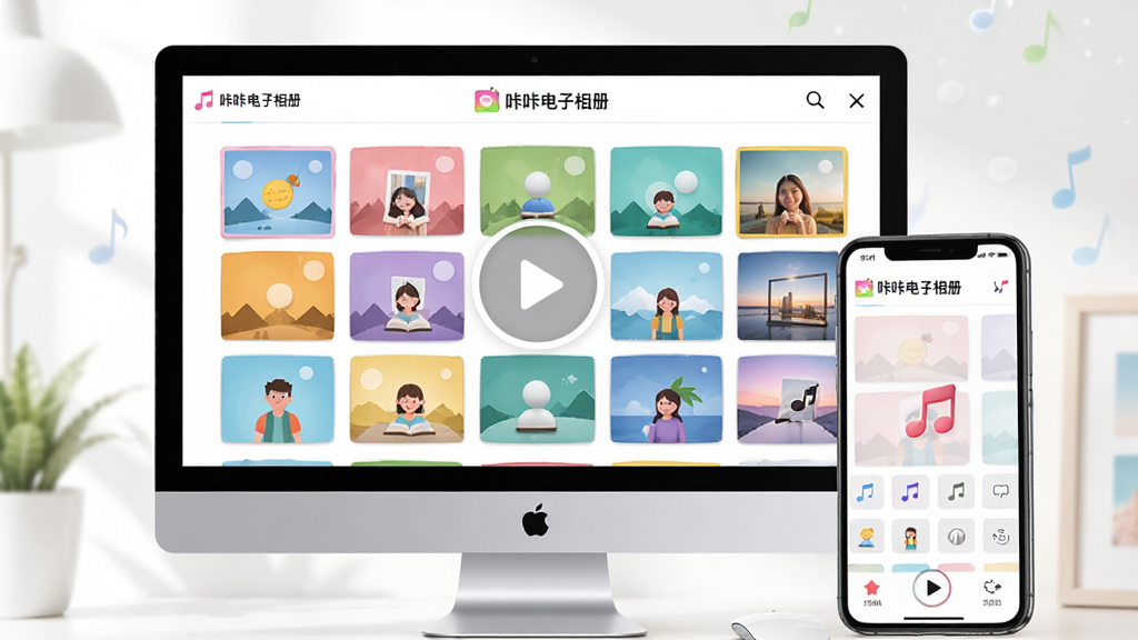 主体为电脑屏幕与手机并排展示“咔咔电子相册”软件界面,屏幕中有多彩照片墙和播放按钮,布局居中,排版简洁,风格明亮清新,细节包括转场特效图标和音乐音符元素,画质高清,干净,无多余元素