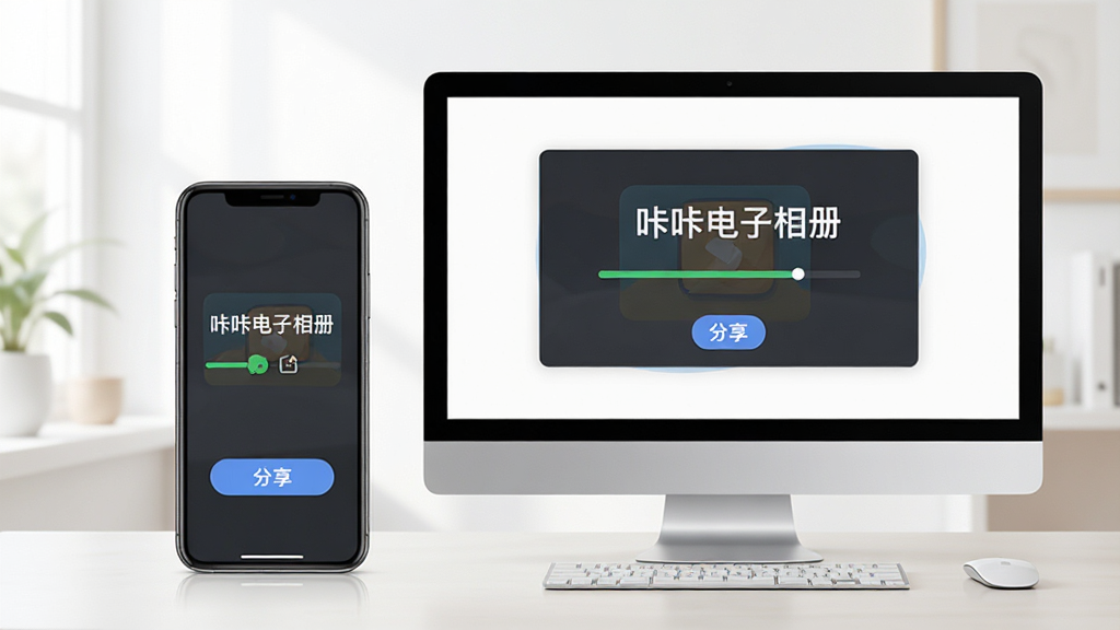 主体为一部手机和一台电脑并排放置,屏幕上显示“咔咔电子相册”导出成功界面,布局均衡,排版清爽,风格实用,细节有进度条和“分享”按钮,画质干净,无多余元素