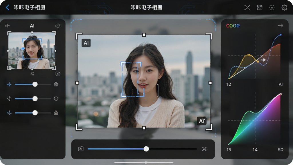主体为“咔咔电子相册”编辑界面,中央是一张被处理中的照片,周围有裁剪框和调节滑块,布局紧凑,排版有序,风格科技感,细节包括AI识别框和色彩调整曲线,画质高清,干净,无多余元素