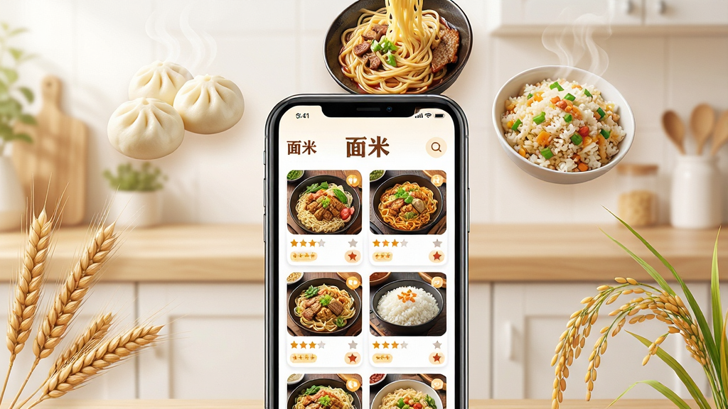 主体:面米应用界面展示,手机屏幕显示丰富的面食与米饭菜谱缩略图,周围点缀小麦与稻穗元素。布局:手机居中,背景为浅木色厨房台面,上方漂浮着热腾腾的馒头、拉面、炒饭等美食图片。排版:中心构图,手机屏幕内容清晰可辨,四周留白平衡。风格:写实美食摄影与扁平UI结合,暖色调,明亮温馨。细节:屏幕中可见“面米”字样logo,菜谱卡片排列整齐,配有星级评分与收藏按钮。画质:4K高清,干净,无多余元素。