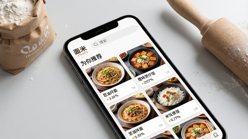 主体:面米应用智能推荐页面,手机屏幕显示“为你推荐”栏目,包含多道家常面食与米饭料理卡片。布局:手机斜放,屏幕朝上,背景为简洁的浅灰色桌面,旁边摆放面粉袋与擀面杖。排版:卡片式布局,每个卡片有菜品照片与名称标签,如“葱油拌面”“腊味煲仔饭”。风格:简约现代,柔和自然光,色调温暖。细节:屏幕顶部有“面米”logo与搜索栏,推荐卡片下方显示匹配度百分比。画质:高清细腻,干净,无多余元素。