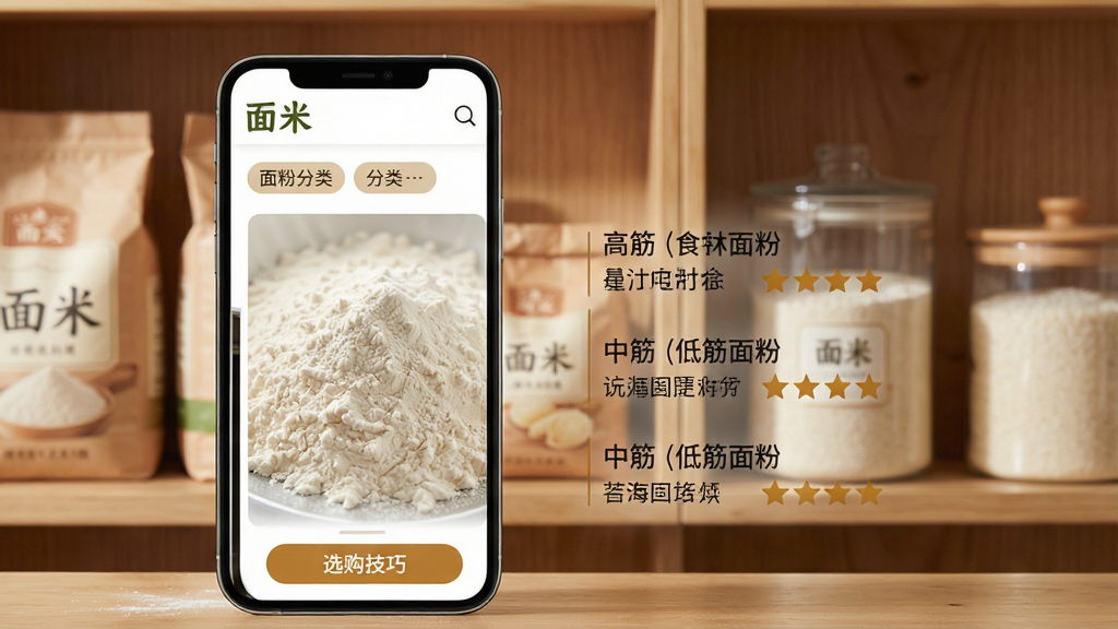 主体:面米应用食材百科页面,手机屏幕显示面粉分类对比图,包括高筋、中筋、低筋面粉的粉末特写。布局:手机竖放,背景为原木色货架,摆放着袋装面粉与米缸。排版:屏幕中图文并茂,左侧为面粉照片,右侧为文字说明与星级评分。风格:干净整洁,自然光,突出食材质感。细节:屏幕顶部有“面米”logo与分类标签,底部有“选购技巧”按钮。画质:高清微距,干净,无多余元素。