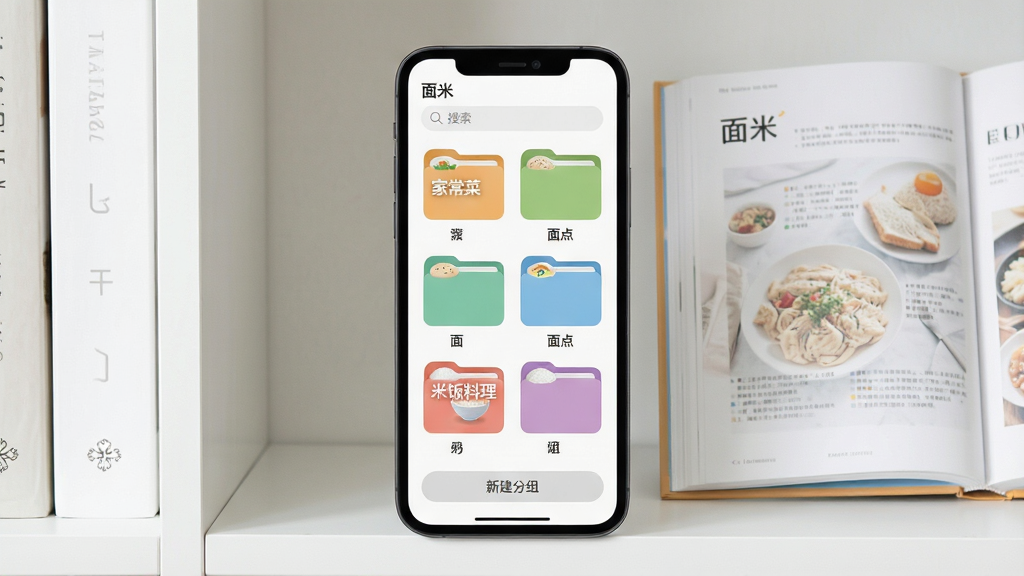 主体:面米应用收藏夹页面,手机屏幕显示多个分组文件夹,如“家常菜”“面点”“米饭料理”。布局:手机竖放,背景为简洁的白色书架,旁边放着一本打开的食谱书。排版:列表式布局,文件夹图标与名称整齐排列,顶部有搜索框。风格:清爽简约,淡雅色调,突出管理功能。细节:屏幕上有“面米”logo,文件夹颜色各异,底部有“新建分组”按钮。画质:高清,干净,无多余元素。