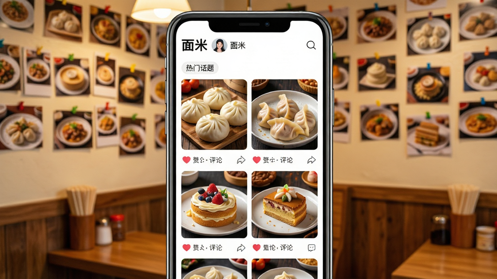 主体:面米应用社区动态页面,手机屏幕显示用户分享的面食作品瀑布流,有包子、饺子、蛋糕等。布局:手机居中,背景为温馨的餐厅一角,墙上贴满美食照片。排版:瀑布流布局,每张照片下方有点赞与评论图标,顶部有“热门话题”标签。风格:生活化摄影,色彩丰富,充满烟火气。细节:屏幕顶部有“面米”logo,用户头像与昵称清晰可见。画质:高清,干净,无多余元素。
