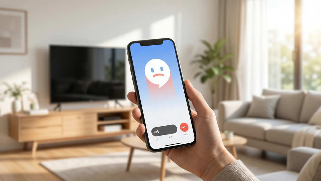 嘟嘟APP使用场景示意图, 用户手持手机进行语音聊天, 背景为现代简约客厅, 阳光充足, 自然光效, 生活方式类摄影风格, 高清画质, 干净无多余元素