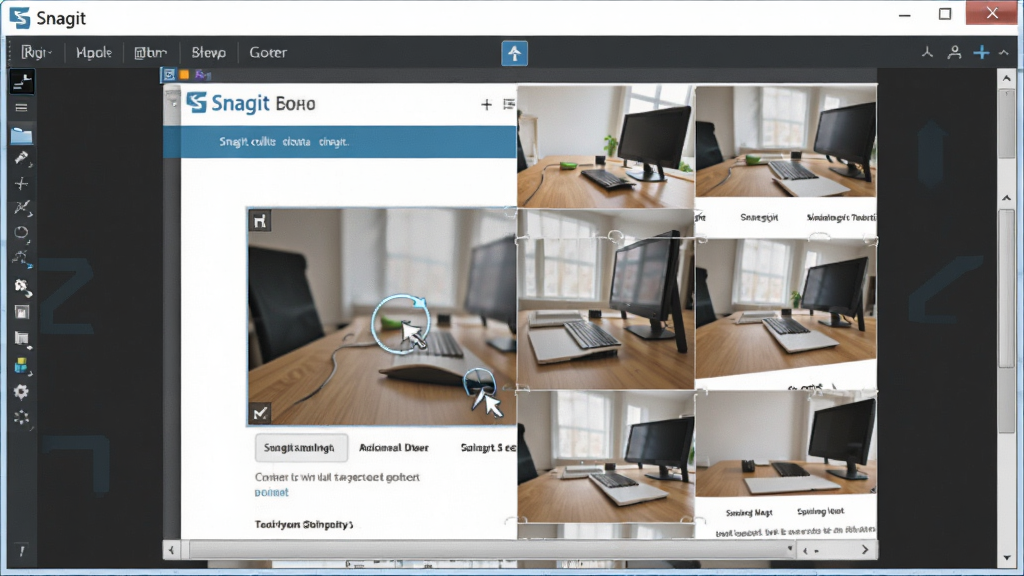 һ��Snagit���й�����ͼ�Ķ�̬ʾ��ͼ����������ʾһ������ҳ���ڱ�������׽���������������Snagit�Զ�ƴ��ͼ����������Snagit�����ڽ��涥�������дʵ���������ʸߣ��ɾ��޶���Ԫ�ء�