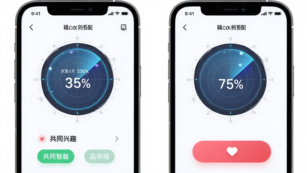 一对交友智能匹配功能演示,主体为手机界面展示匹配百分比和共同兴趣标签,布局左右对称,排版简洁,风格科技感十足,细节包括雷达扫描动画和心动按钮,画质清晰干净,无多余元素