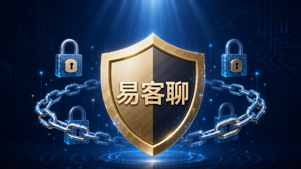 易客聊安全加密概念图,画面中央有一个金色盾牌图标,盾牌上带有“易客聊”字样,周围环绕着数字锁和加密链条,背景为深蓝色科技感渐变,光线从上方洒落,整体风格沉稳大气,画面干净,无多余元素