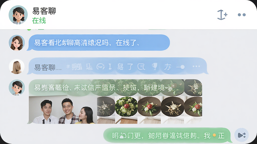 易客聊消息聊天界面截图,屏幕上显示多条对话气泡,包含文字和图片,上方有联系人姓名和“在线”状态,背景为浅灰色,界面简洁,图标圆润,整体风格扁平化,高清渲染,干净,无多余元素