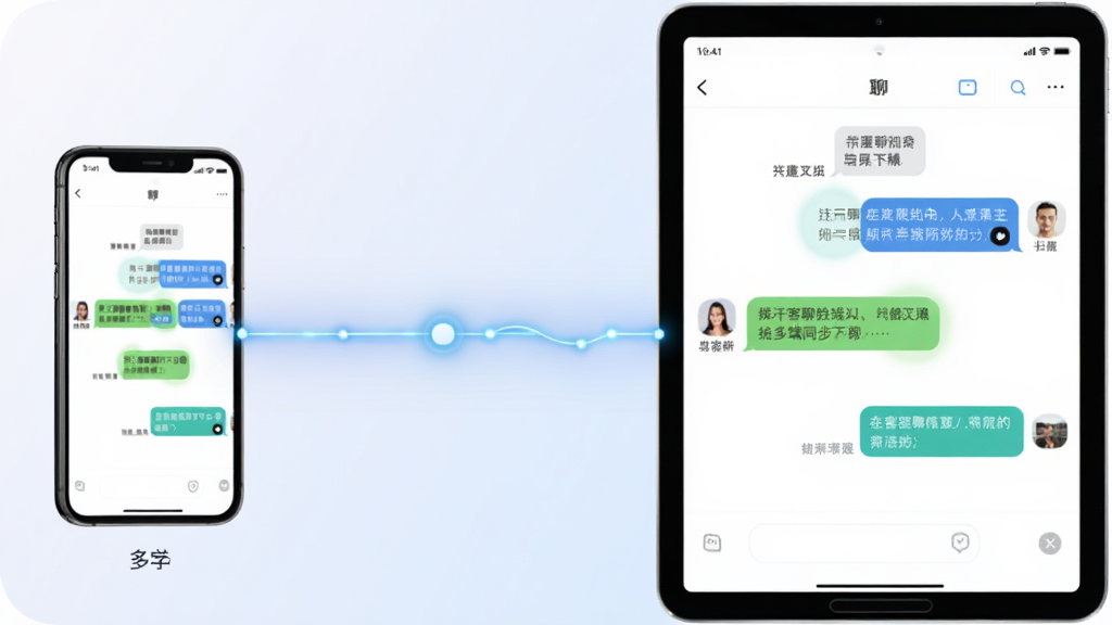 易客聊多端同步示意图,画面左侧是一部手机,右侧是一台平板,两块屏幕上都显示相同的聊天界面,中间用一条发光的连接线相连,背景为柔和的浅色渐变,整体风格简洁科技,画面干净,无多余元素