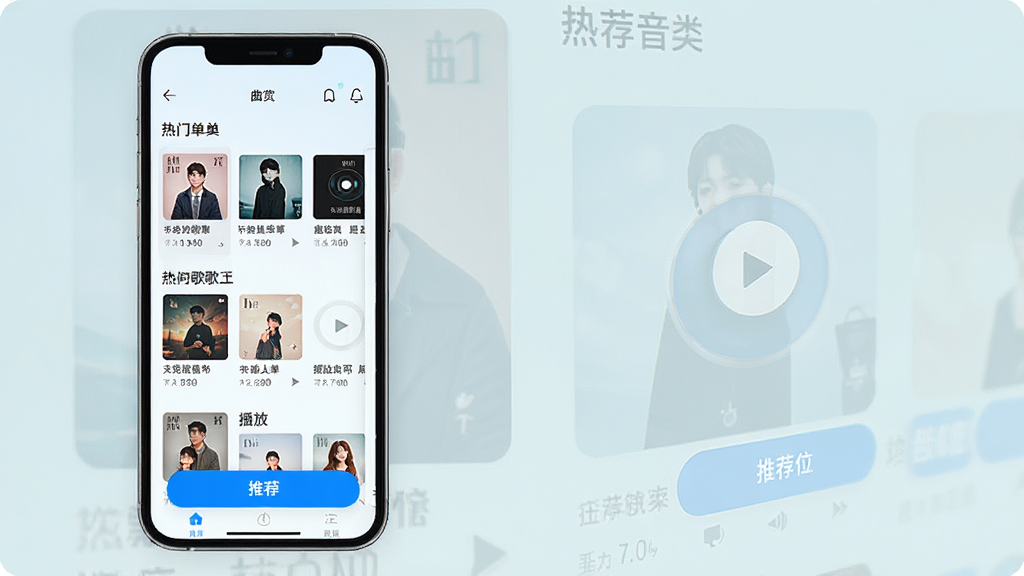 灵动音乐免费畅听播放器曲库界面预览图,主体为手机屏幕展示歌曲分类列表与推荐位,布局为上下滑动结构,风格为清新浅色背景配蓝色高亮按钮,细节包括热门歌单封面与播放量数据,画质干净明亮,无多余元素