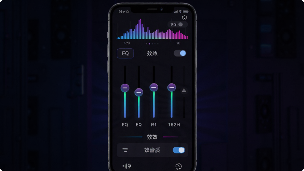 灵动音乐免费畅听播放器音效设置界面示意图,主体为手机屏幕展示EQ均衡器滑块与音效开关,布局为纵向排列,风格为深色主题配霓虹光效,细节包括频谱动画与音质选项,画质炫酷清晰,无多余元素