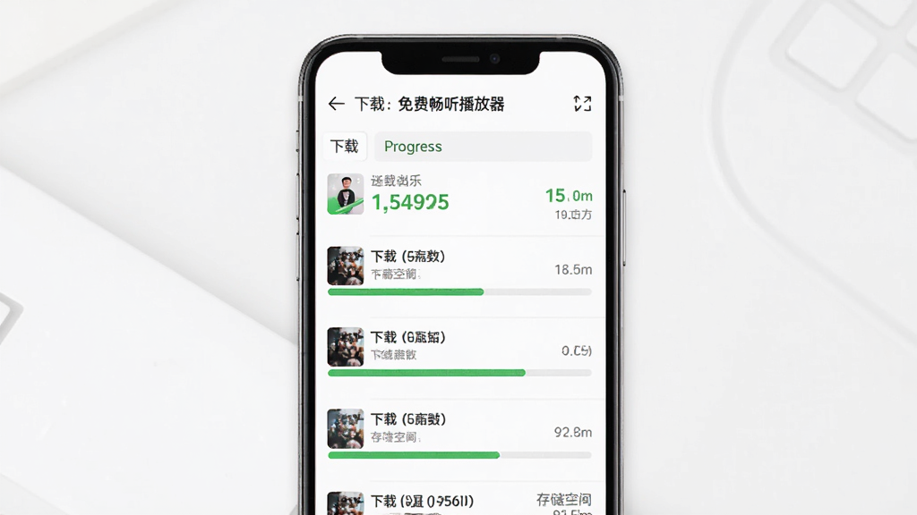 灵动音乐免费畅听播放器下载管理页面预览,主体为手机屏幕展示下载任务列表与进度条,布局为列表式,风格为简洁白色背景配绿色进度条,细节包括已下载歌曲数量与存储空间显示,画质清爽干净,无多余元素