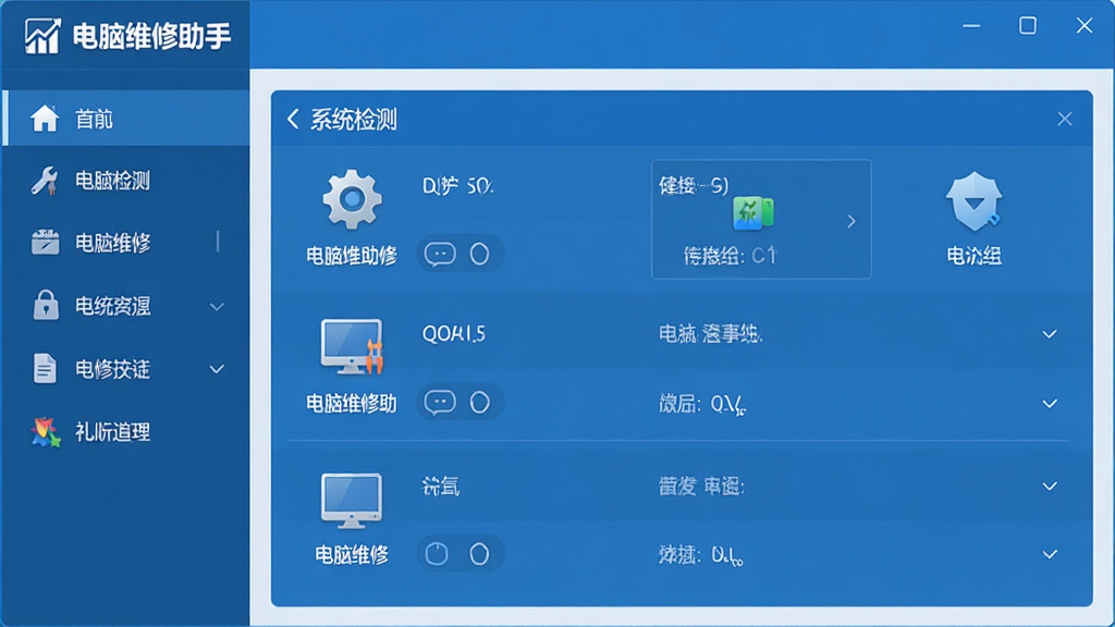 一张展示电脑维修助手主界面的高清截图,界面左侧为功能导航栏,右侧为系统检测结果区域,整体风格简洁现代,蓝色主题色调,图标清晰,布局整齐,文字标注“电脑维修助手”,画质干净,无多余元素。