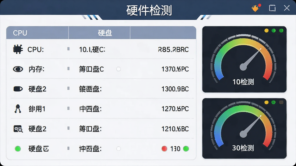 一张电脑维修助手检测硬件信息的界面预览图,界面显示CPU、内存、硬盘等硬件列表及实时温度数据,配有彩色仪表盘和状态指示灯,风格科技感,布局清晰,文字标注“硬件检测”,画质干净。